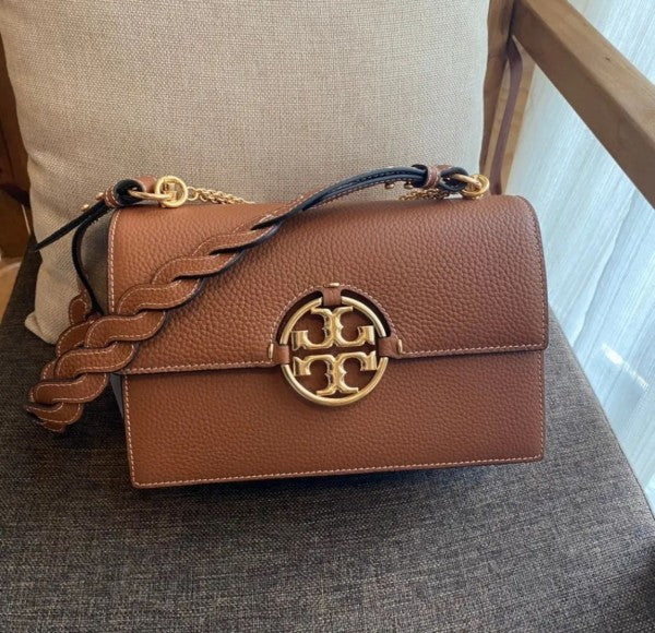 Tory Brown leather miller flap shoulder bag with box