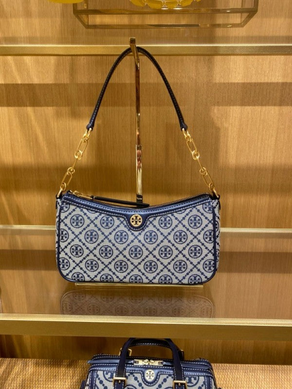 TORYY BURCCH T MONOGRAM JACQUARD SHOULDER BAG ADJUSTABLE STRAP WITH BOX
