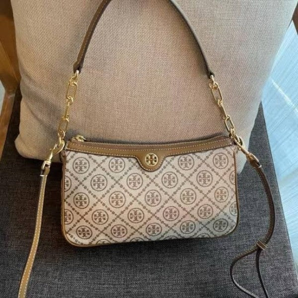 TORYY BURCCH T MONOGRAM JACQUARD SHOULDER BAG ADJUSTABLE STRAP WITH BOX