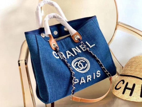 Chanell deauville pearl canvas tote bag