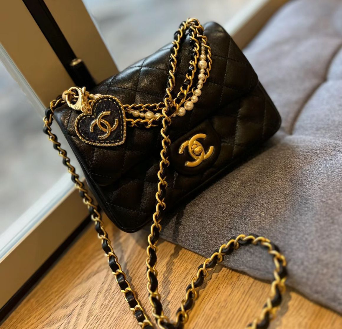 Chanell Cambon Line Black Quilted Leather Shoulder Bag with box