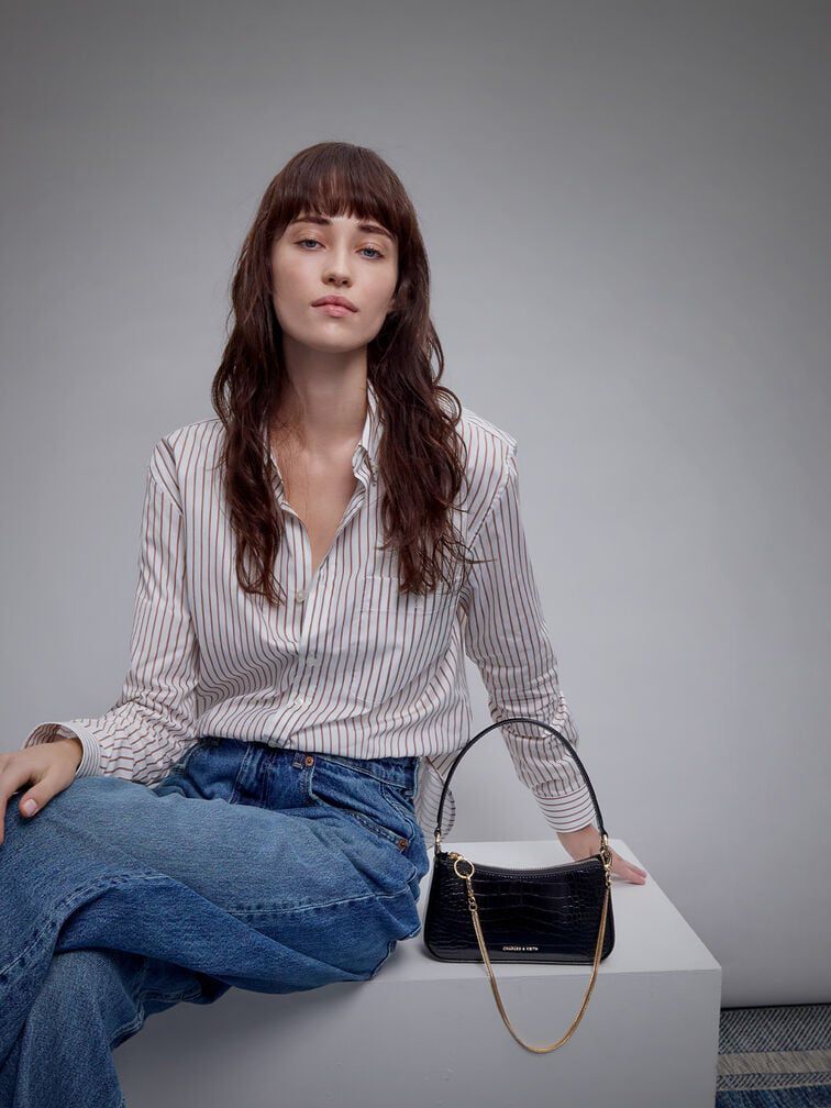 Charles keith Elspeth Croc Effect Chain Link Shoulder Bag Cream Croco with box