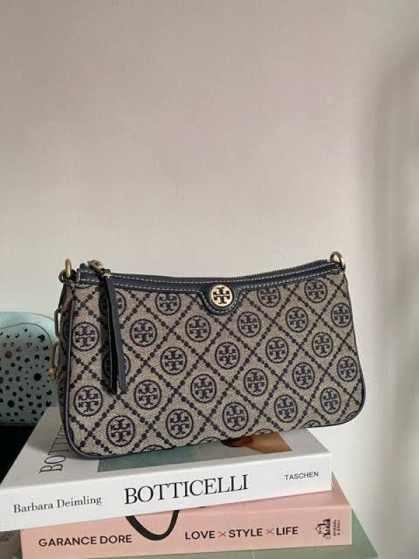TORY BURCH T MONOGRAM JACQUARD SHOULDER BAG ADJUSTABLE STRAP WITH BOX