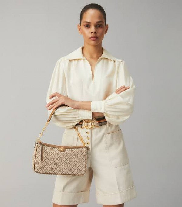 TORY BURCH T MONOGRAM JACQUARD SHOULDER BAG ADJUSTABLE STRAP WITH BOX