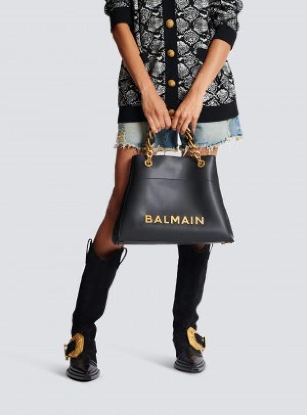 Balmain embellished leather-trimmed cotton blend jacquard tote with dust cover