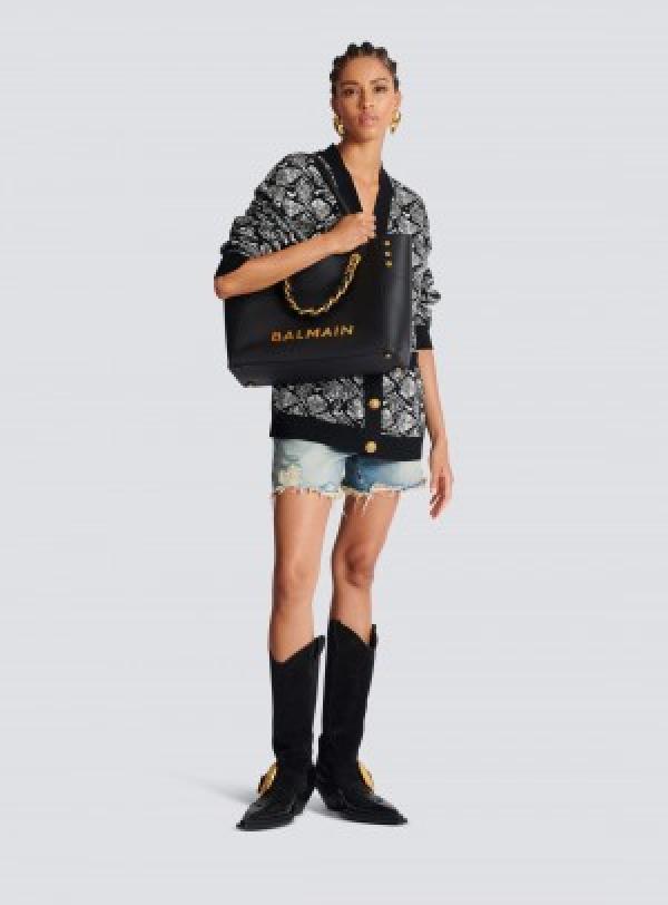 Balmain embellished leather-trimmed cotton blend jacquard tote with dust cover