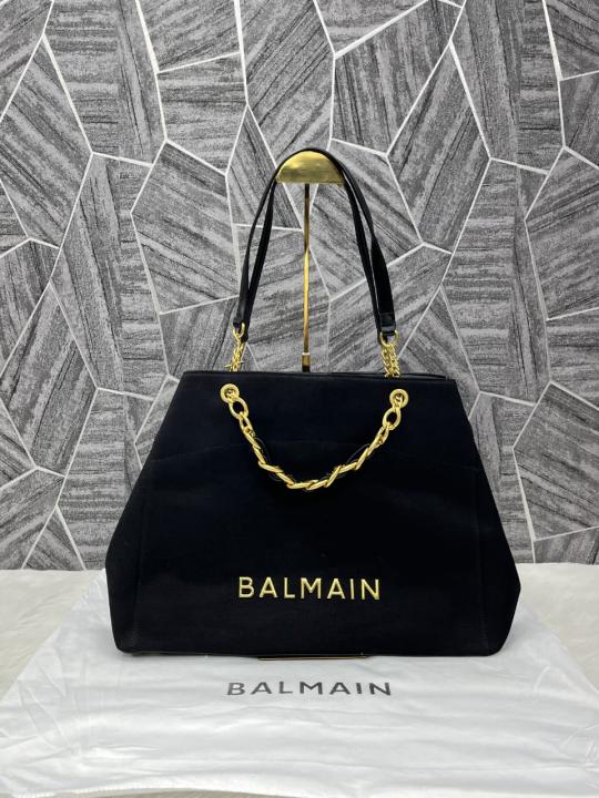 Balmain embellished leather-trimmed cotton blend jacquard tote with dust cover