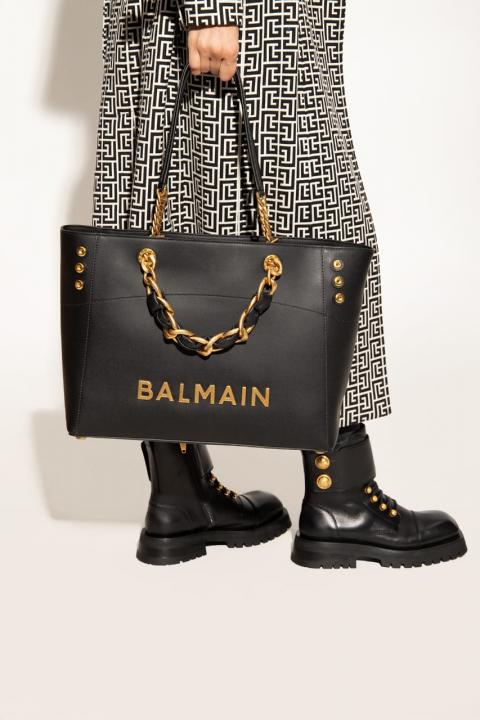 Balmain embellished leather-trimmed cotton blend jacquard tote with dust cover