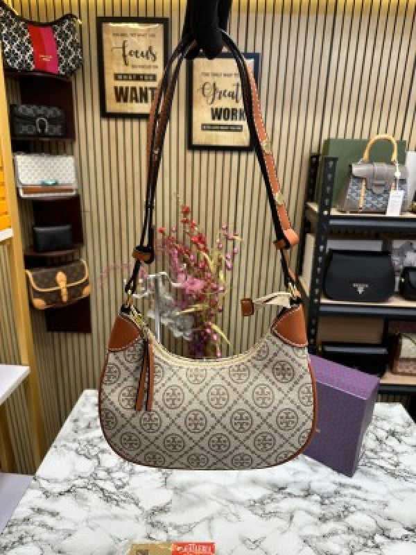 Tory burcht monogram petite moon bag with og box &amp; dust bag brown