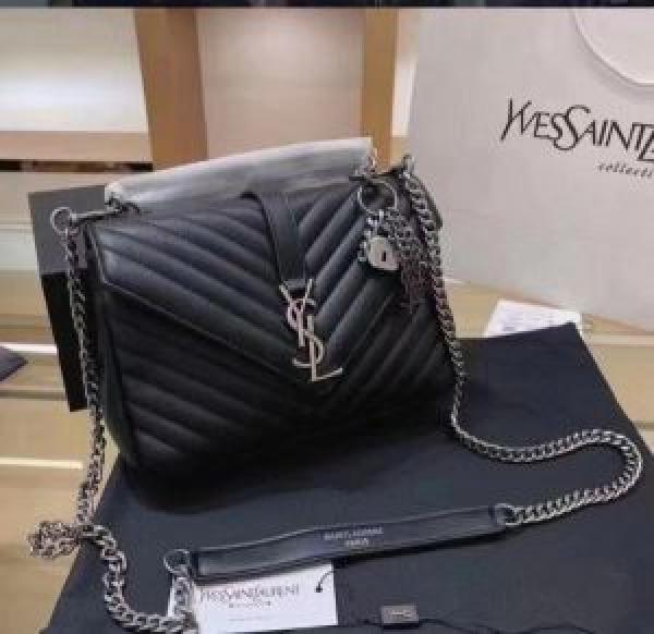 SAIINT LAURENT Grain De Poudre Matelasse Chevron Medium Monogram Satchel Black with box