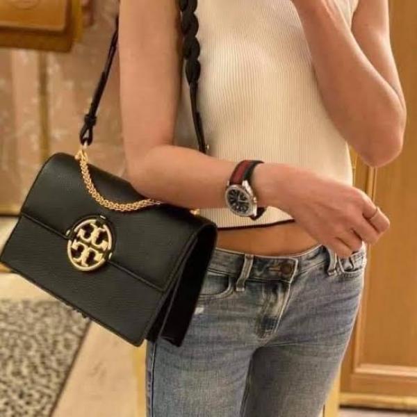 Tory Brown leather miller flap shoulder bag with box