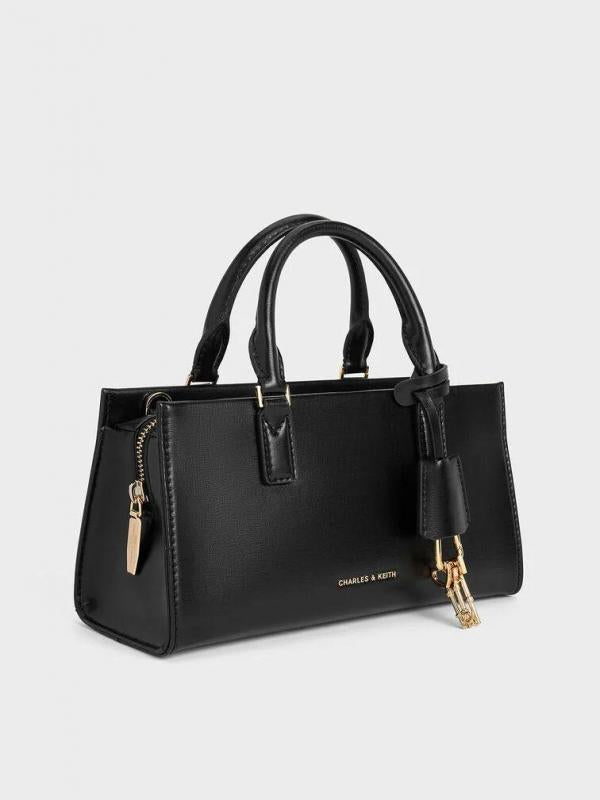 Charles keith Sabine Knotted Handle Trapeze Tote Bag Jet Black with og box