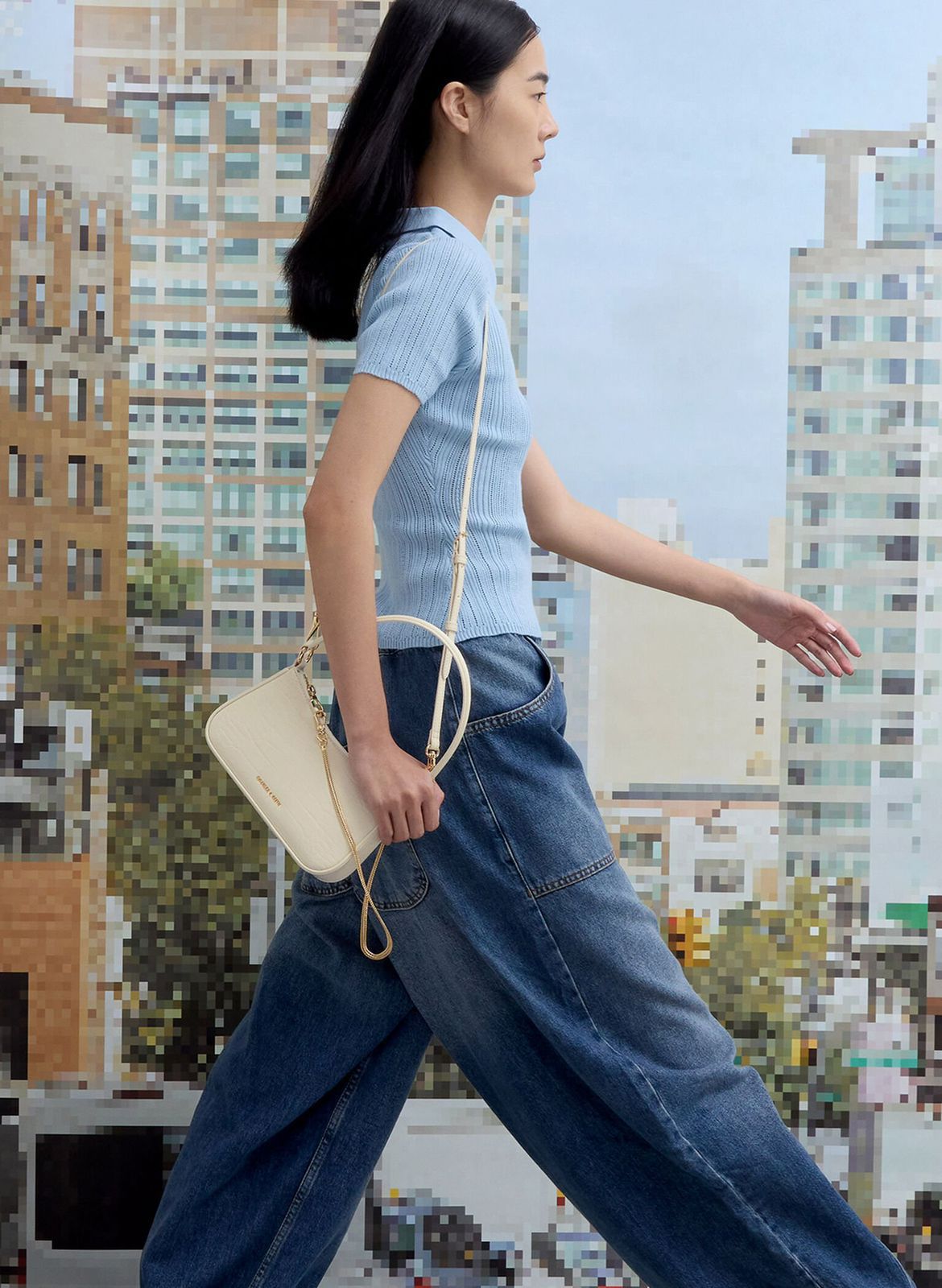 Charles keith Elspeth Croc Effect Chain Link Shoulder Bag Cream Croco with box