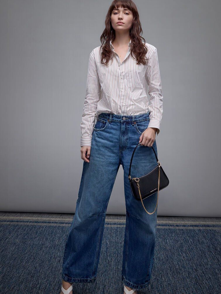 Charles keith Elspeth Croc Effect Chain Link Shoulder Bag Cream Croco with box