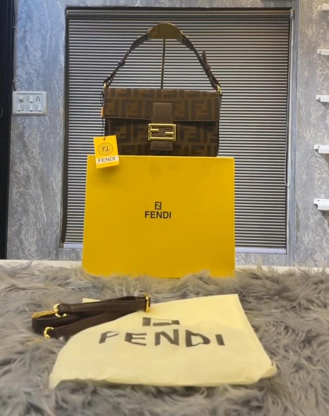 Fendii Baguette Jacquard FF fabric Bag Brown With box